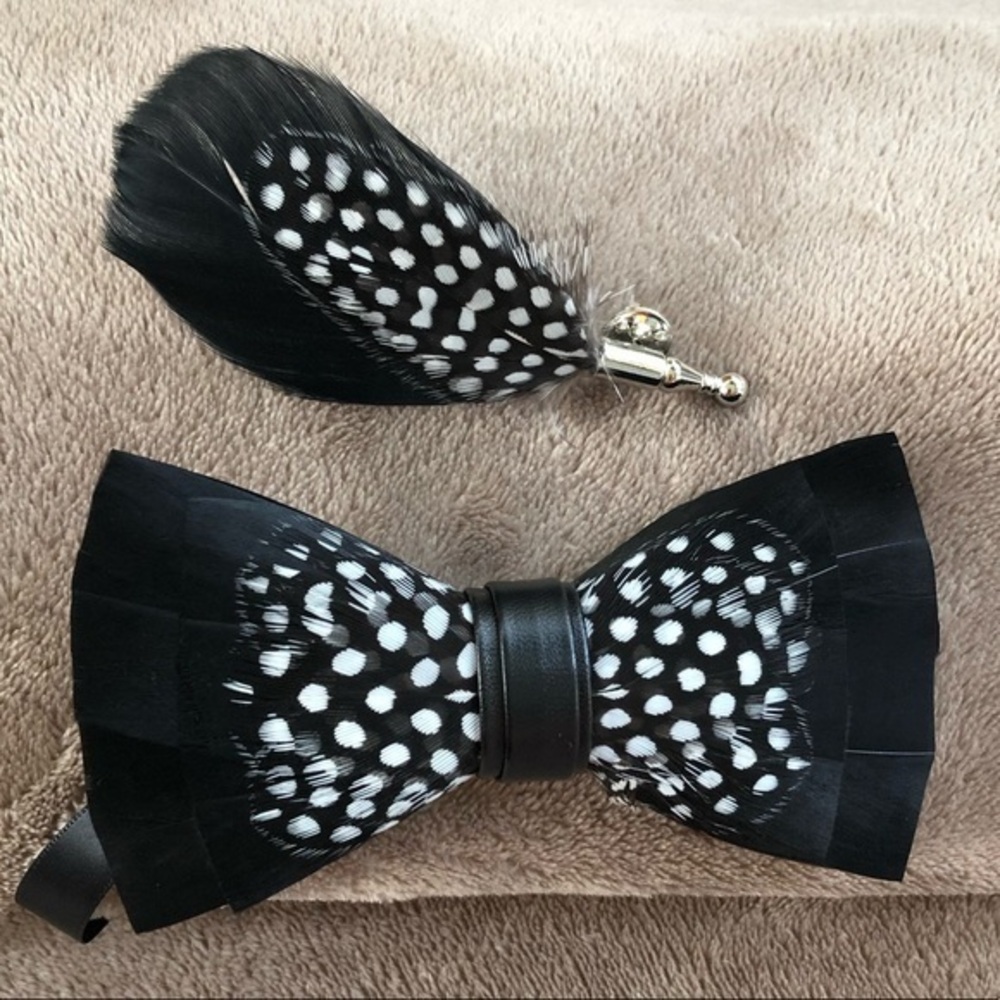 Black White Spot Luxury Leather Feather Bowtie Lapel Pin Set Italy Formal